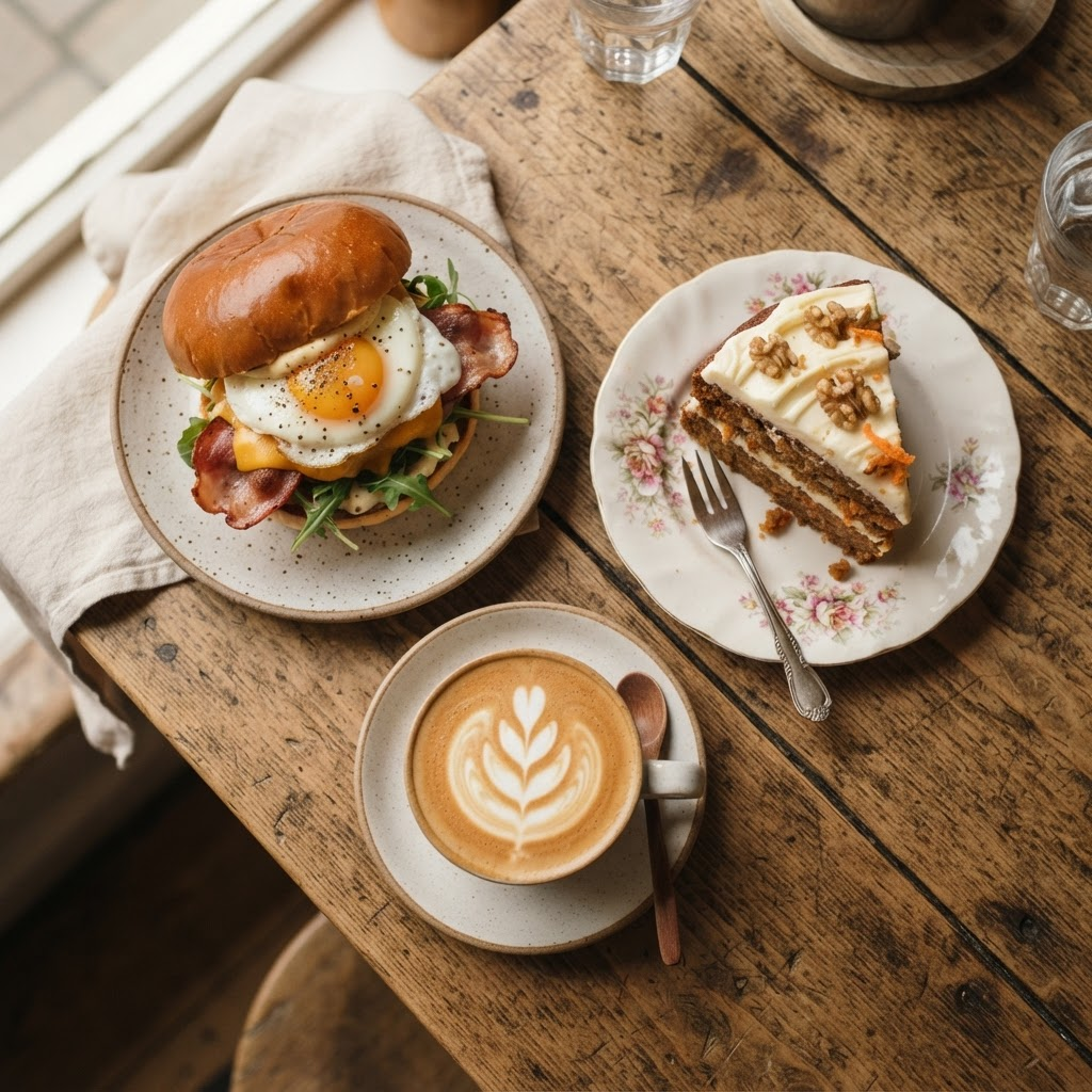 Bacon and egg roll, a slice of homemade cake and a coffee on a wooden table