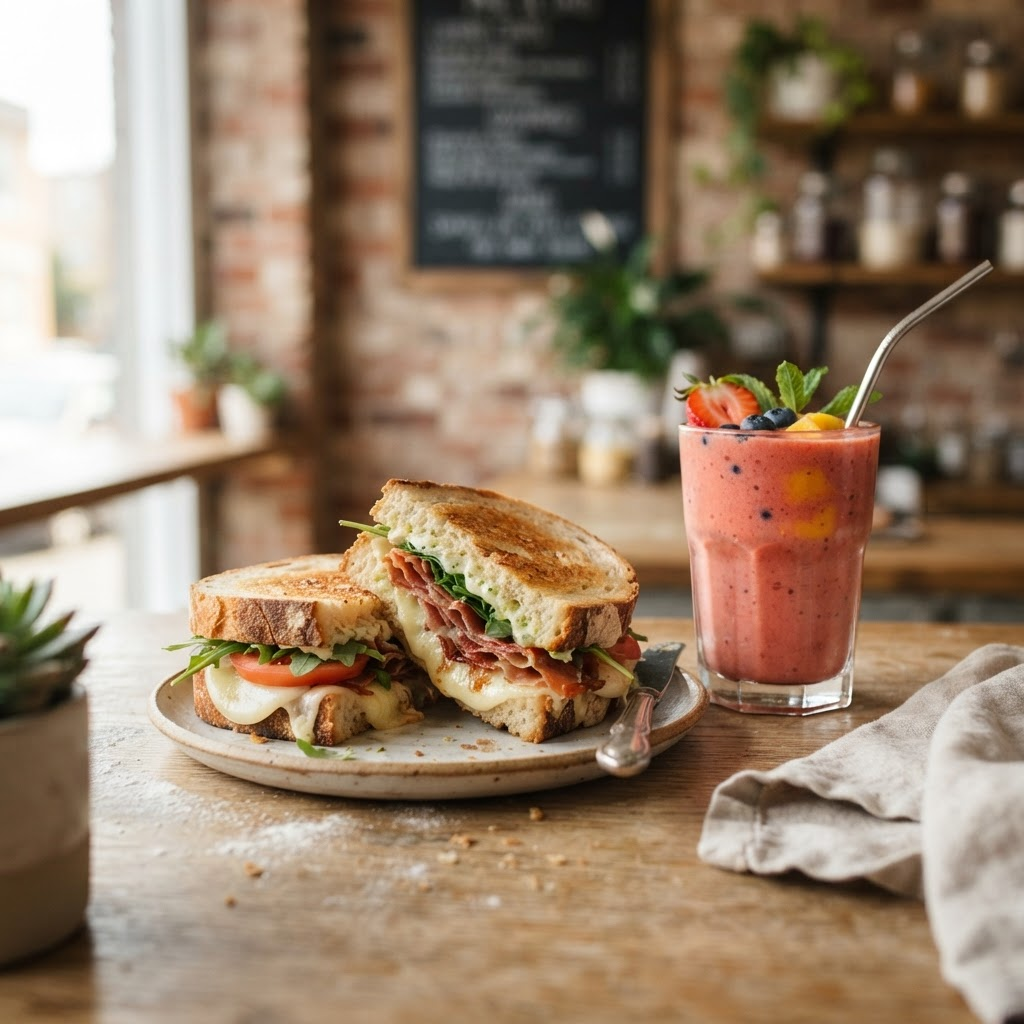 A made-to-order sandwich and a fresh smoothie